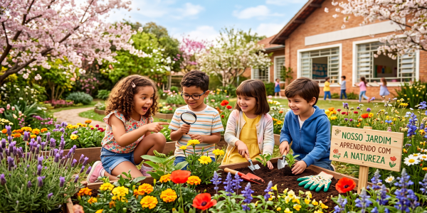 Primavera e educação: crianças aprendendo com a natureza, explorando plantas, flores e o ambiente ao seu redor de forma lúdica e educativa.
